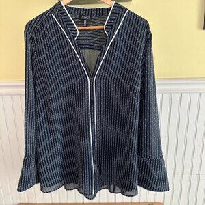 Jones New York Womens Navy & White Striped Blouse 2X Bell Sleeves Sheer Fabric